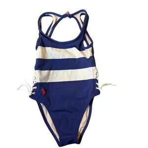 Ralph Lauren 2T Girls Bathing Suit Navy Blue White Striped One Piece Side Ties